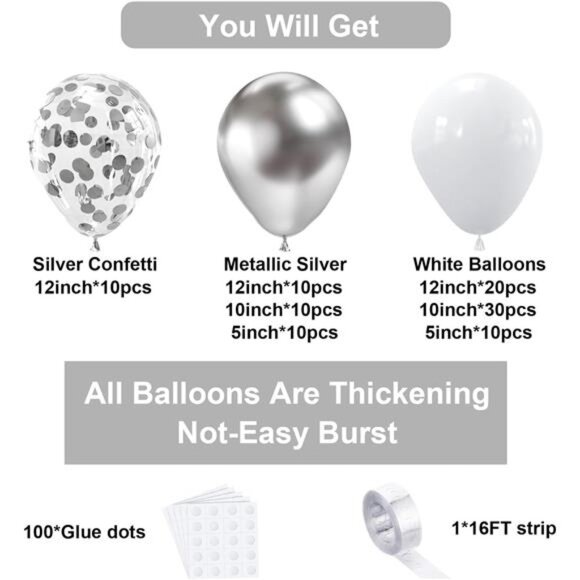 White Silver Balloon Garland Kit,100Pcs White Silver Metallic Chrome and Silver - Picture 3 of 7
